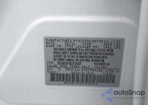 2016 Nissan Sentra Sv z USA, uszkodzony, nr VIN 3N1AB7AP0GY235908